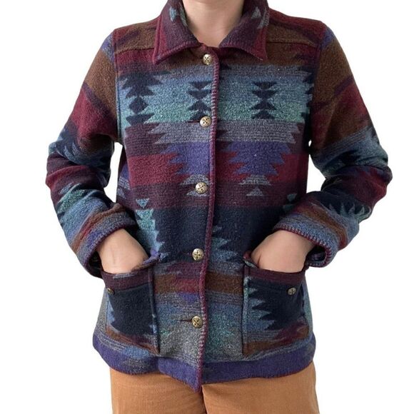 Vintage 90s Womens Wool Blend Aztec Southwestern Bohemian Fleece Jacket Sz L - Picture 8 of 9